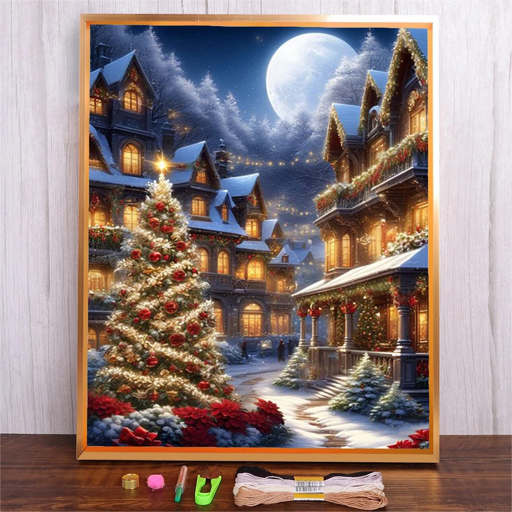 

Christmas Embroidery Kit With Instructions Needles Cotton Thread Cross Stitch Kit For Beginner Snow Town DIY Craft Home Decor