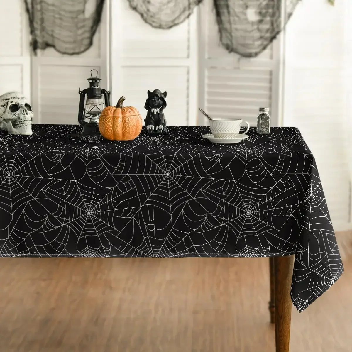Rectangular Halloween Cobweb Black Washable Fabric Tablecloth Table Decor Durable Table Cover Party Picnic Dinner Decorations