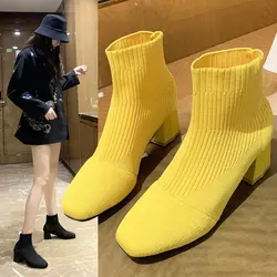 Square headed niche minimalist elastic socks and boots for women's 2024 new coarse and fashionable versatile knitted short boots