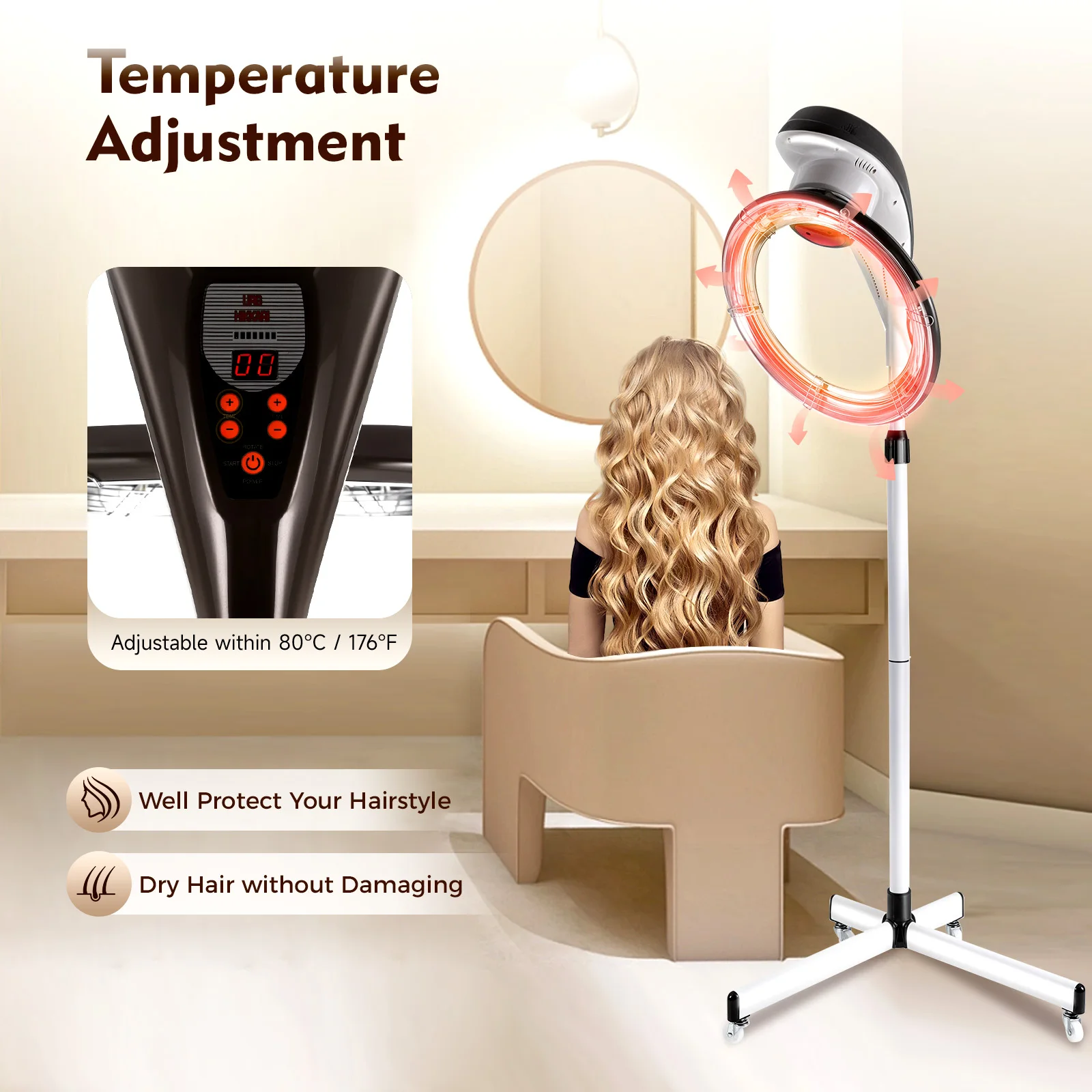 Adjustable Perm Machine for Hair Care and Dyeing, 360° Rotatable Ring, Universal Wheels, Easy Installation