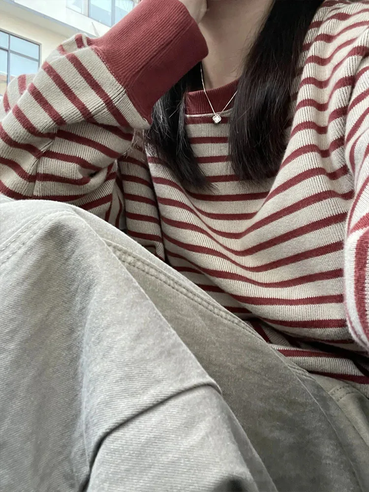 الأصلي النسيج كسول المرقعة كتلة اللون مخطط هوديي المرأة الرجعية الأحمر أعلى ربيع الخريف طويلة الأكمام جولة الرقبة تي شيرت