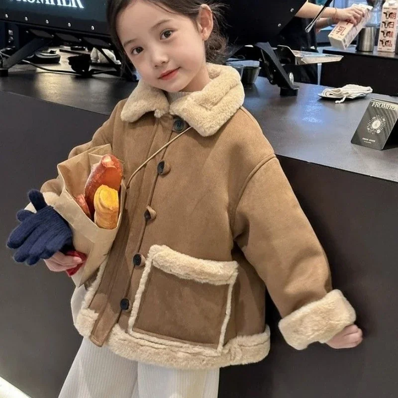 2025 New Winter Kids' Stylish Faux Fur Coat with Fleece Lining Thickened Wool Blend Jacket for Toddler Girls Autumn Winter