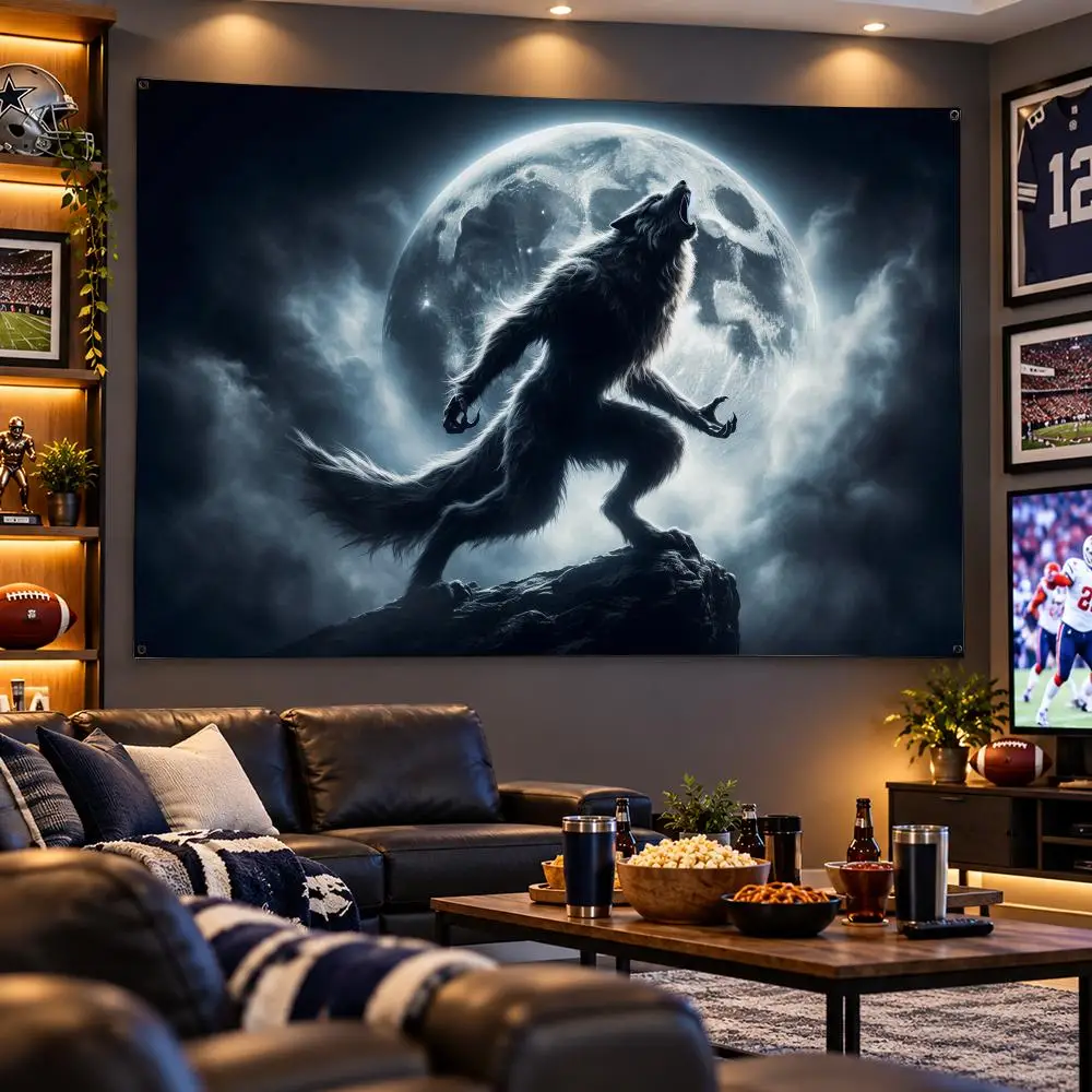 Animal E-Emo Sitting Werewolf Flags Wide Fabric Decor for Bedroom Dorm Gaming Garage Camping Porch Bar Fan Gift