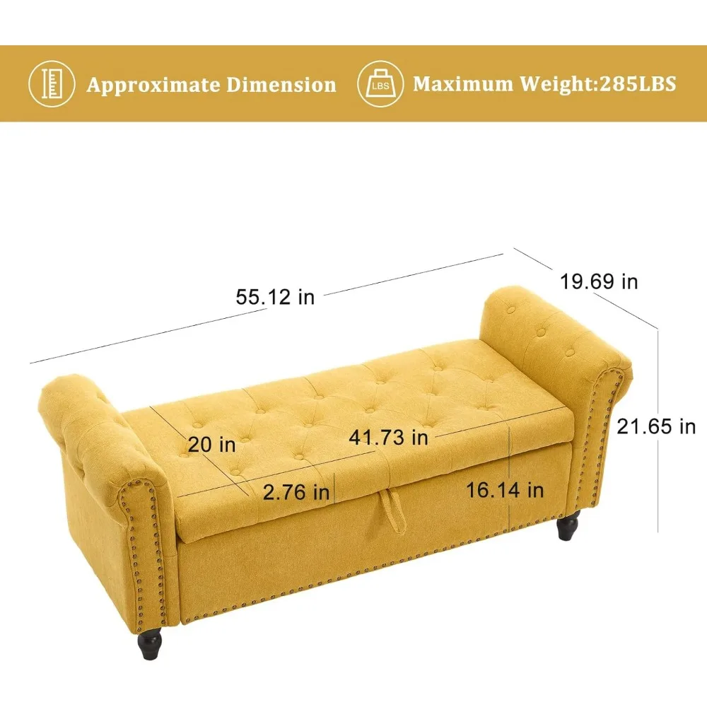 Duża tapicerowana ławka z pojemnikiem i wykończeniem z guzikami do sypialni i przestrzeni przy oknie.