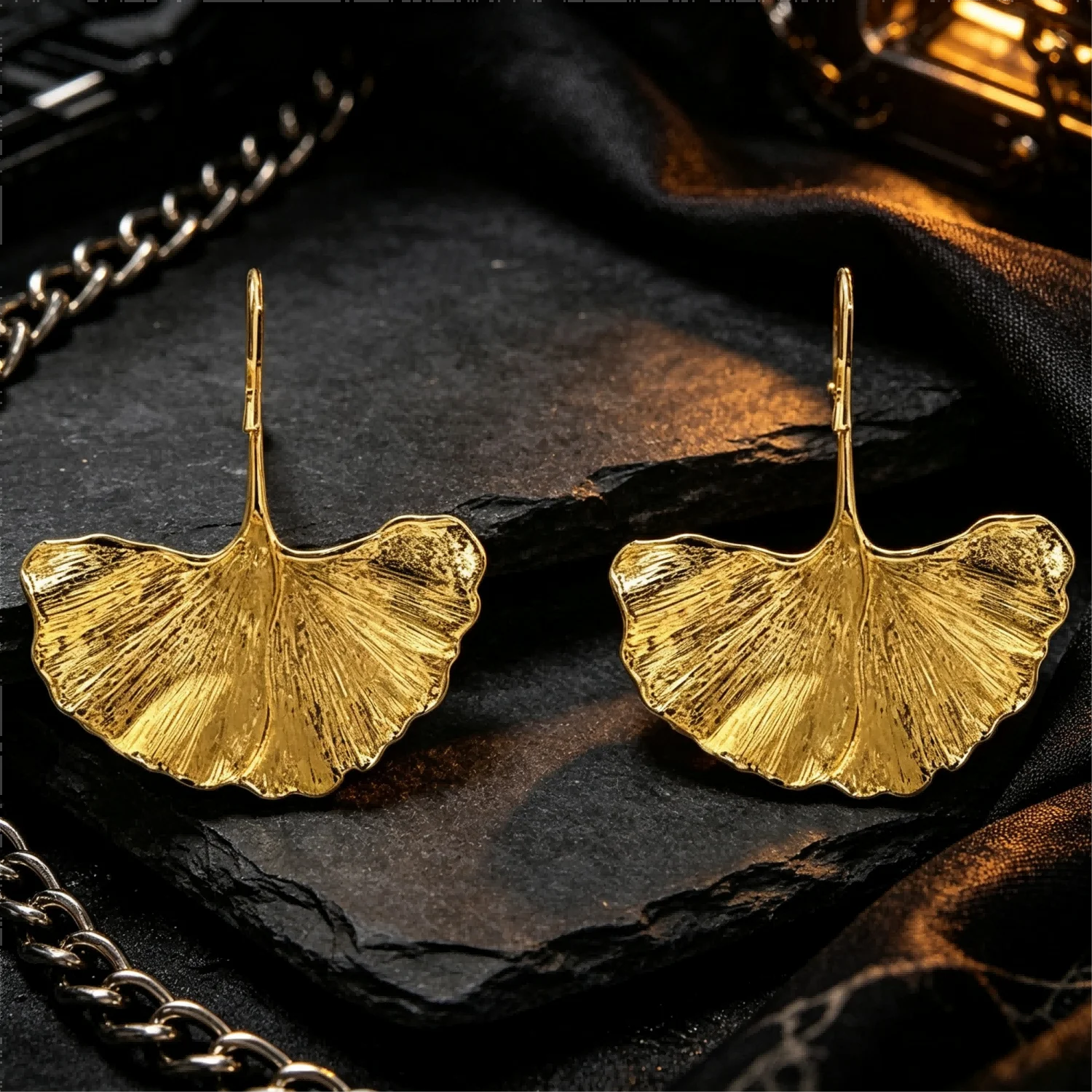 Textured Golden Ginkgo Leaf Drop Earrings for Women Girls, Natural Plant Minimalist Dangle Ear Jewelry, Elegant Lightweight Autumn Accessories for Daily Office, Dating, Casual Dinners and Fall Holiday Party Outfits