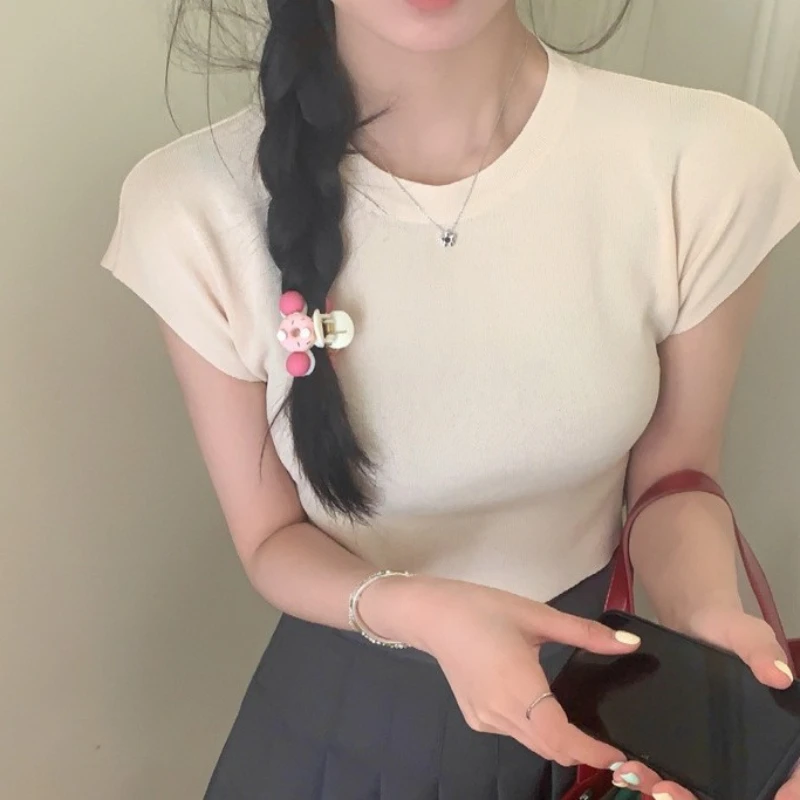 Layering Short Sleeve Women T-shirt 2026 Summer Korean Cool Silk Flutter Sleeve Knit Tee Figure Flattering Sexy Crop Top