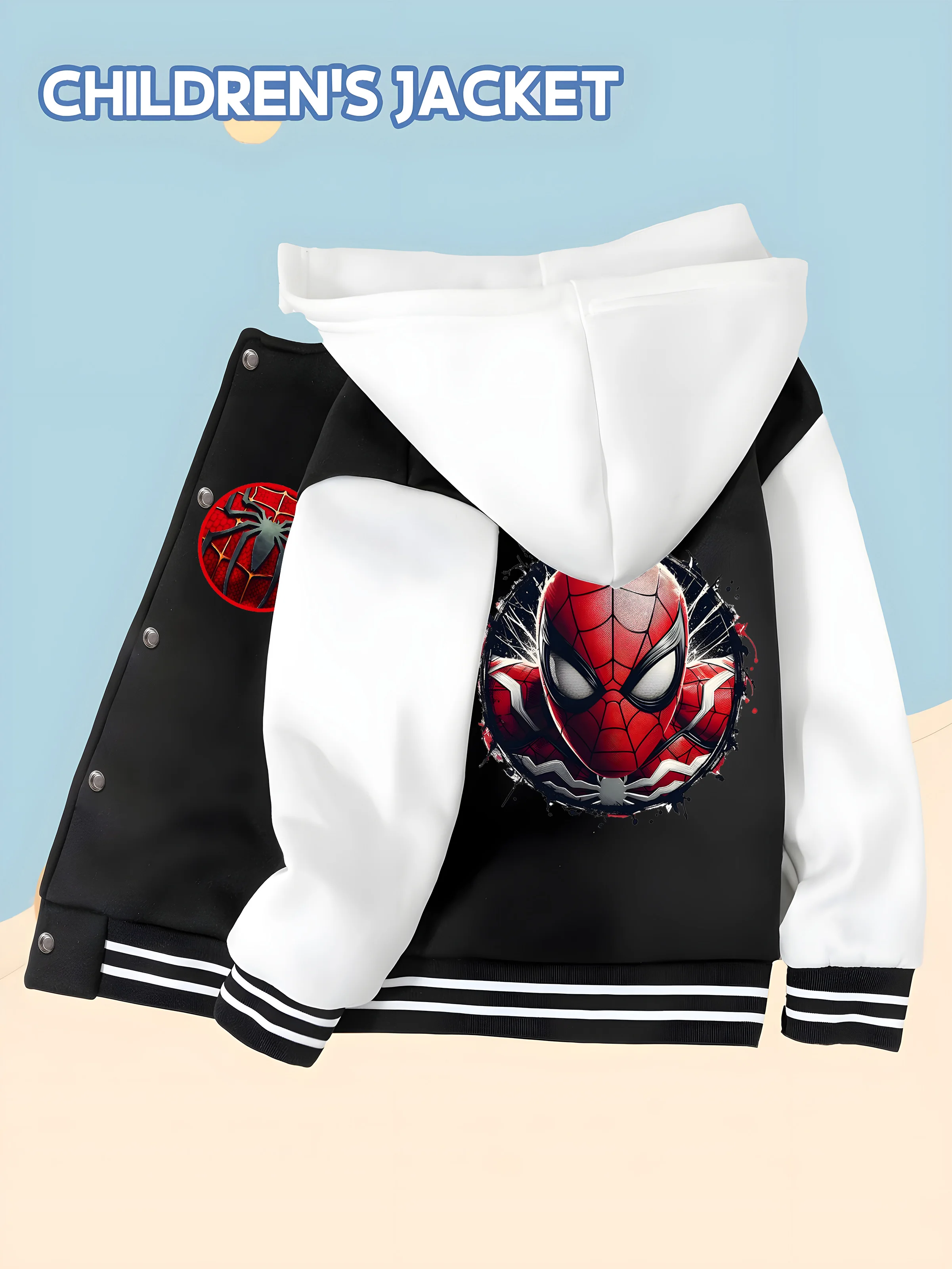 

MINISO Spider-Man printed boys' hooded baseball jacket with hero pattern, black and white contrasting colors, trendy design and