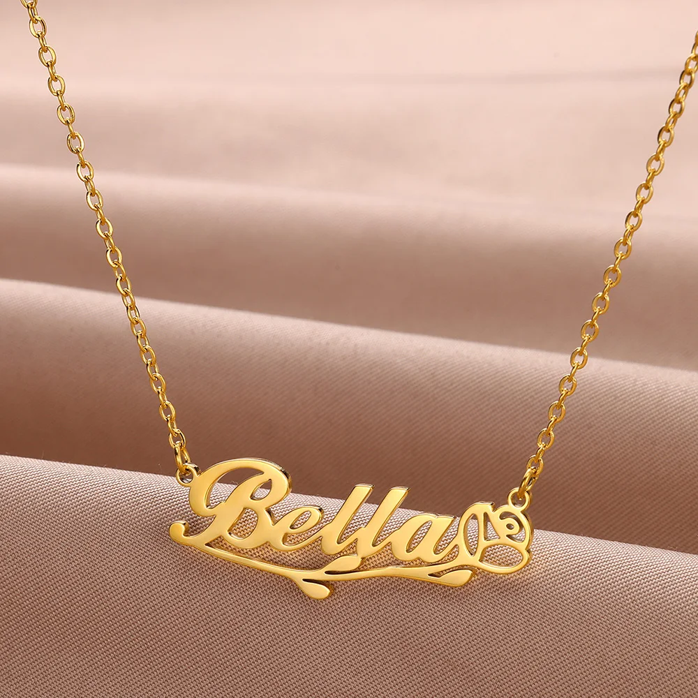 Custom Rose Flower Name Necklace Women Girl BFF Gifts Jewelry Personalized Gold Color Stainless Steel Nameplate Pendant Necklace