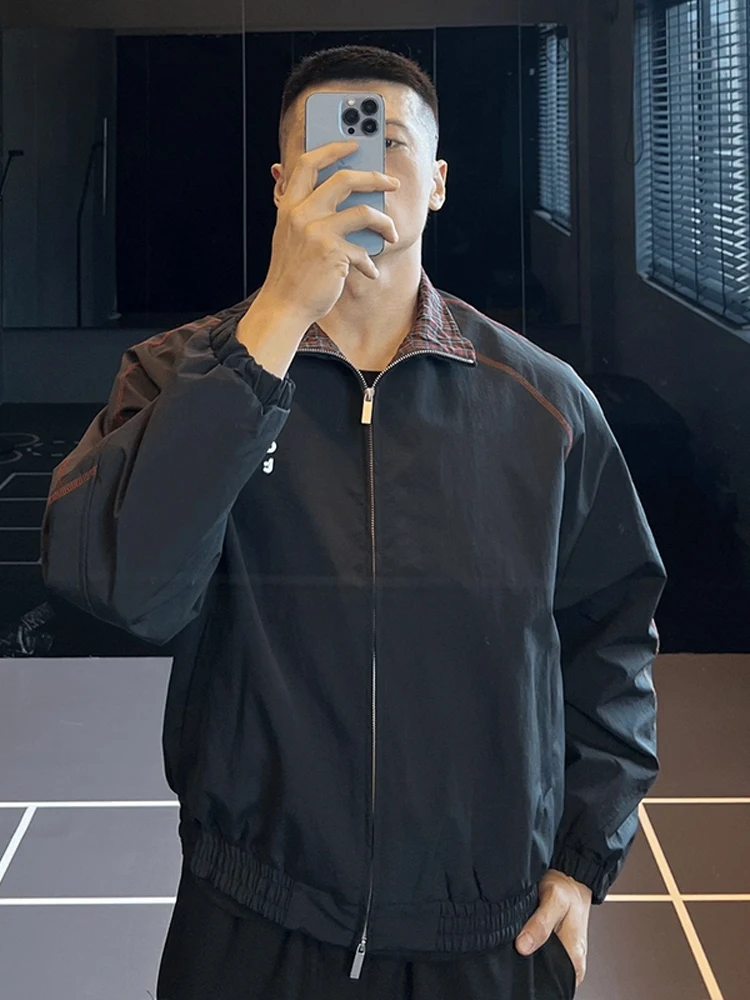 

Retro Contrast Color Embroidery Hasso Line Stand Collar Jaet Men's Casual Sportswear Autumn Cleanfit Stand Fit Long Sve