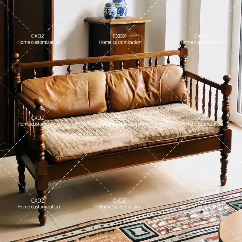 American Solid Wood Sofa Double Three Seater Retro Simple Classic Casual Living Room Furniture Couch Chair Bench
