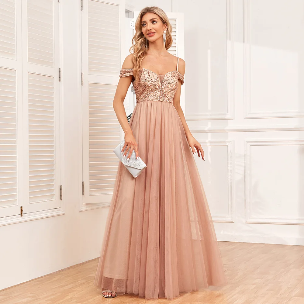 

BKQU Elegant off shoulder camisole evening dress V-neck sequin embroidered patchwork party dress elegant A-line sheer dress