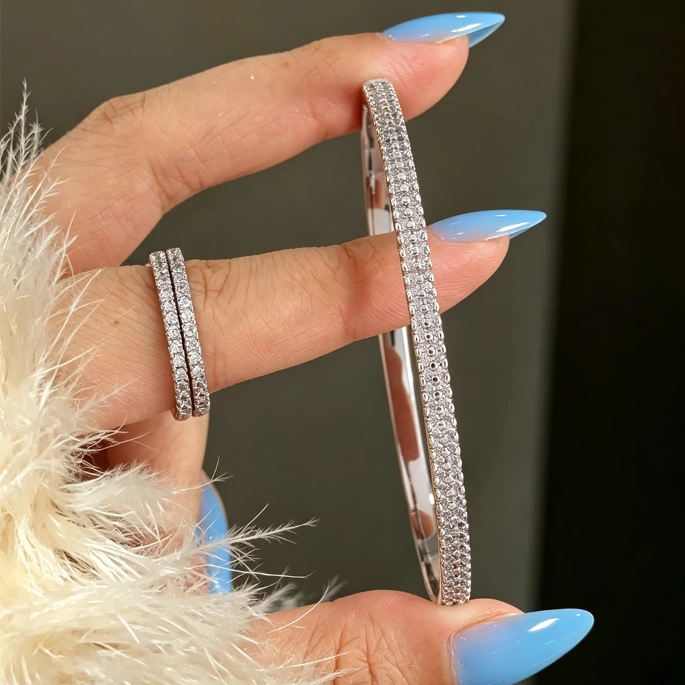 ZAKOL 3-teiliges Set: Auffälliges Doppelreihiges Rundes CZ-Armband und Ringe für Damen, Exquisiter Türkis-Zirkon-Schmuck, Einfaches Schmuckgeschenk – Detail 3