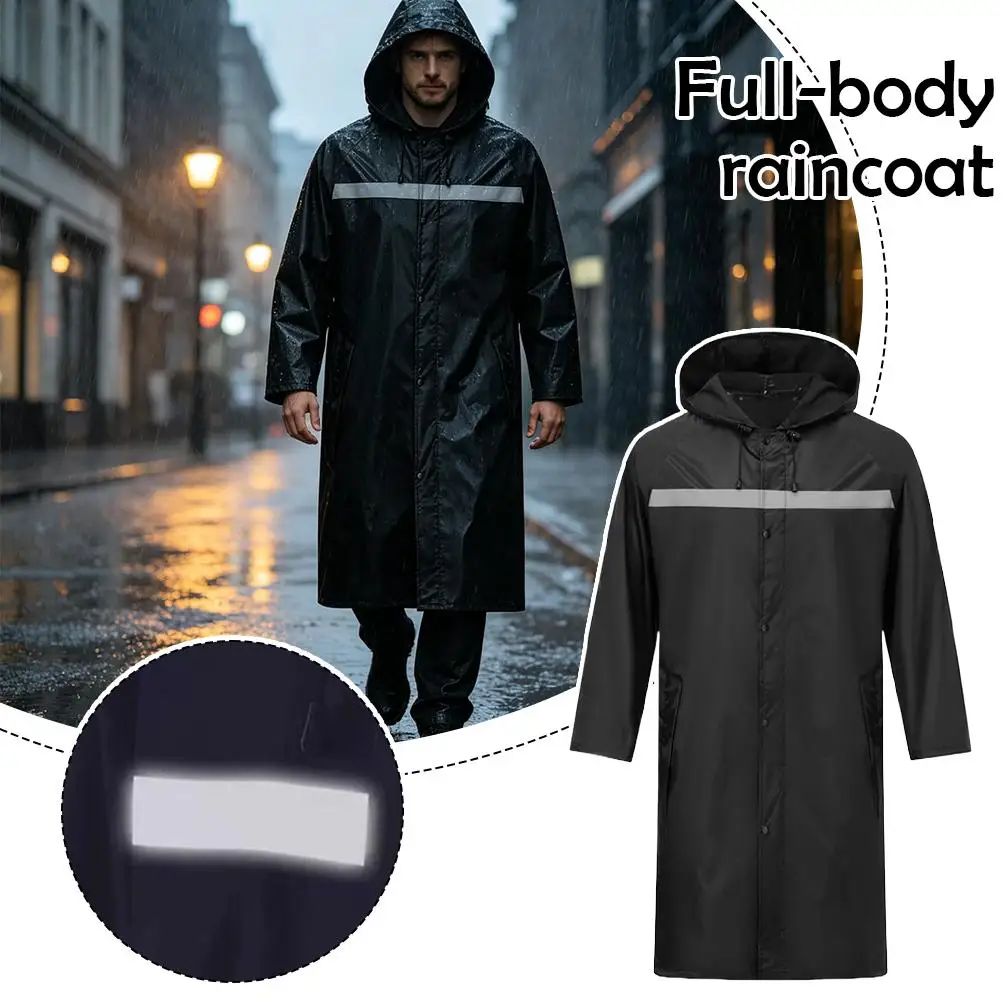 Hooded Long Full Body Waterproof Raincoat With Reflective Strip,Thickened Windproof Rain Poncho Unisex Outdoor Cycling Fishing