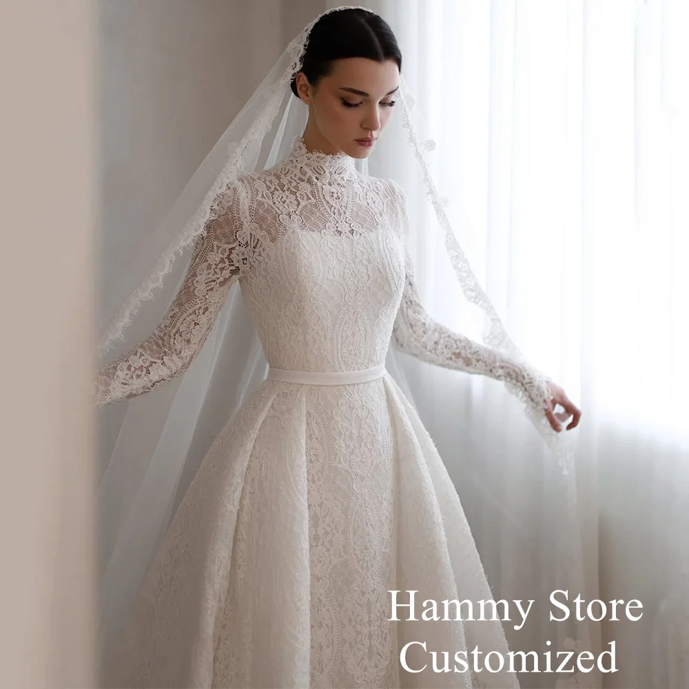 Saud Wedding Dress High Neck Customized Full Sleeves Court Train Vestido De Noiva Arabian Lace Bridal Gown A Line Design