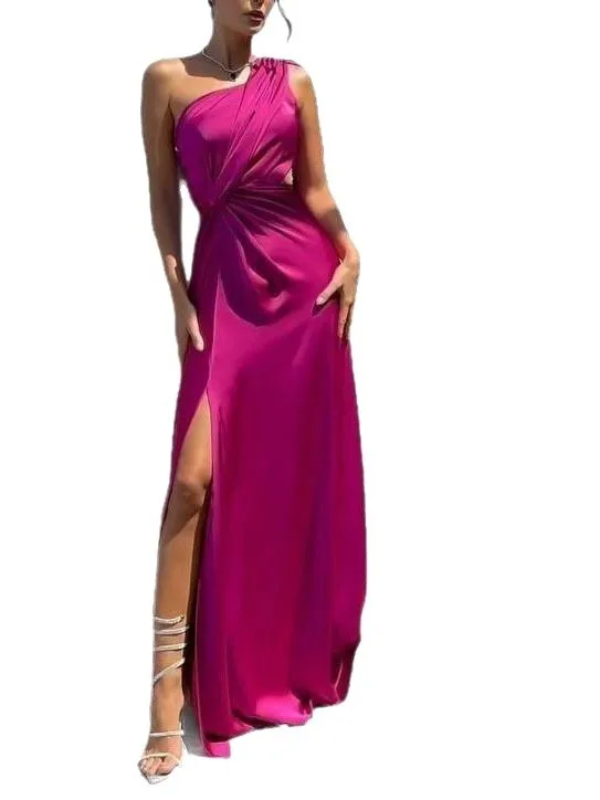 Sexy nouveau femmes simple épaule plissée fendue Satin Dr Ele minceur Midi Dr taille moyenne a-ligne jupe été 2025