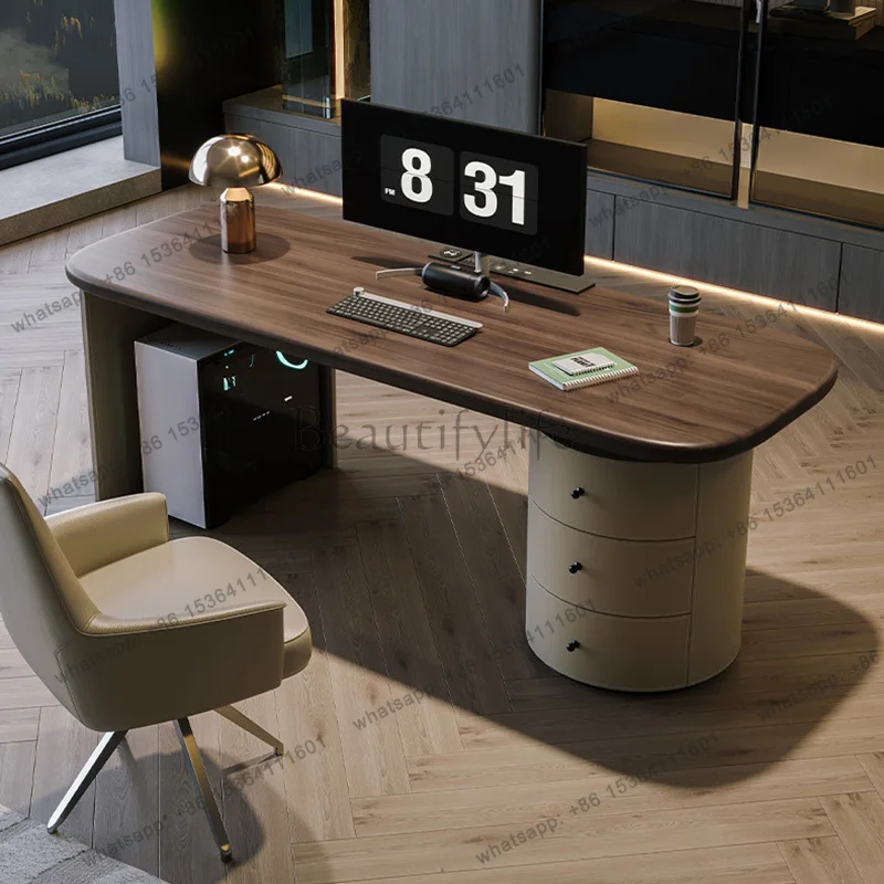 Fashion Wooden Rounded Corner Desk with Drawer Storage Cabinet,Contemporary Writing Table for Home Office  or Study Room