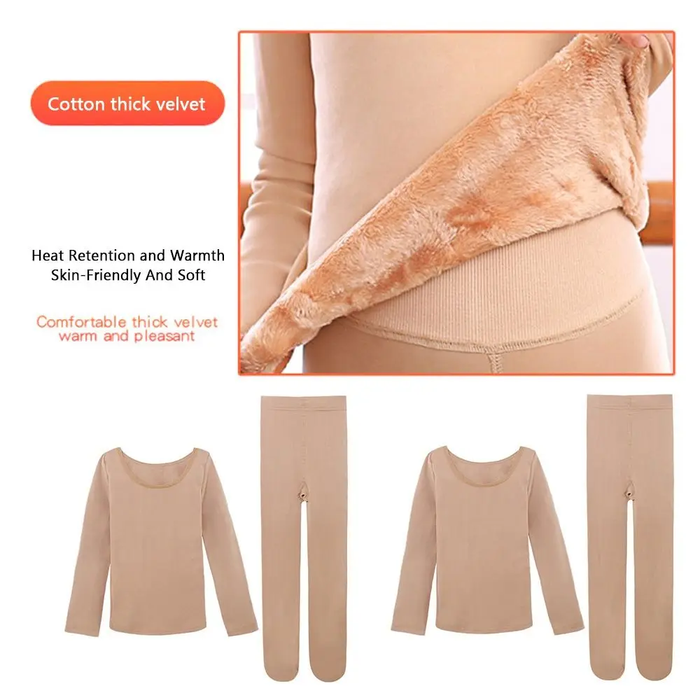 Fashion Winter Kids Thermal Underwear Suits Stretch Nude Color Dance Tights Fleece Warm Leotard
