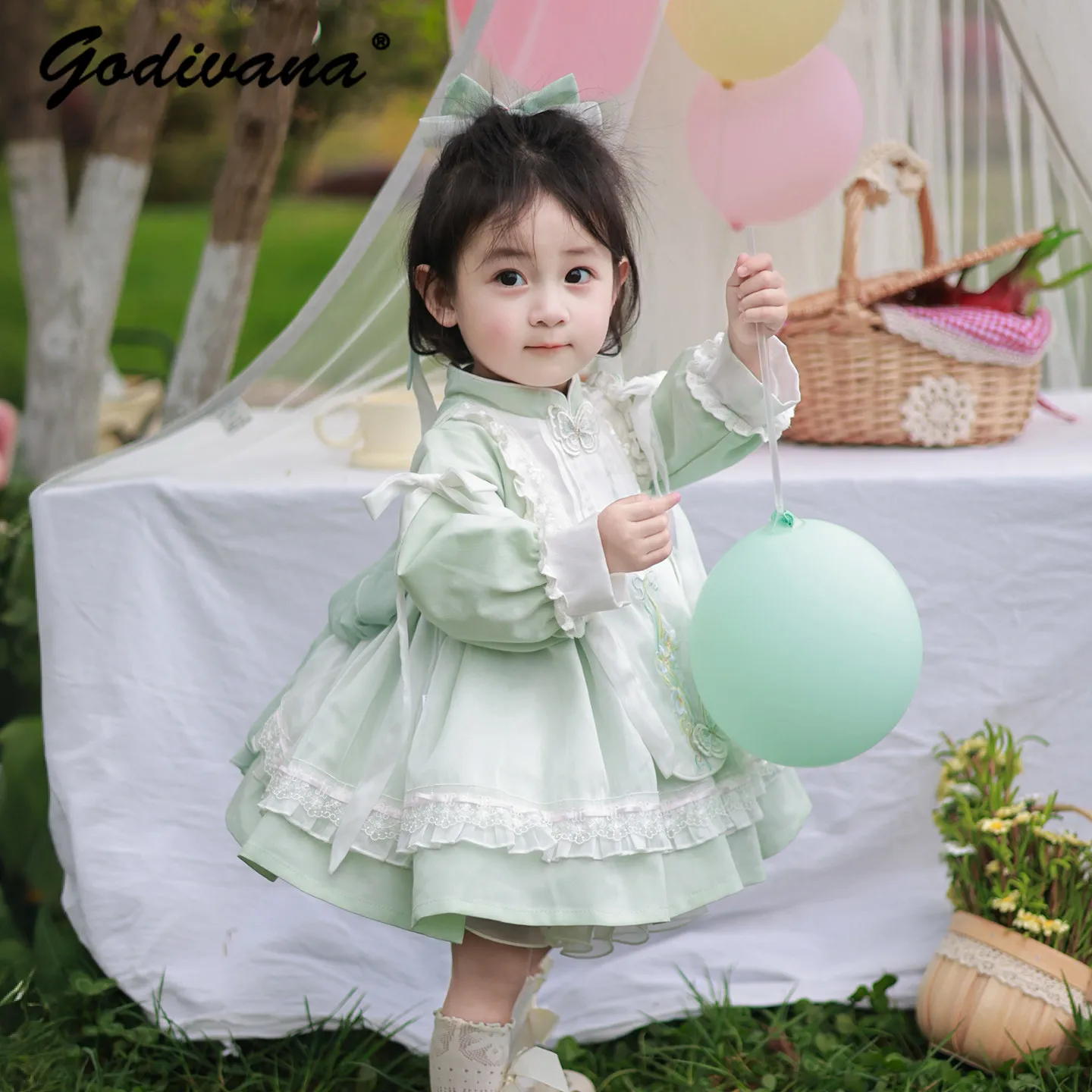 Sweet Baby Girls Lolita Princess Dress Kids Elegant Chinese Floral Embroidery Long Sleeve Lace Trim Bow Birthday Party Ball Gown