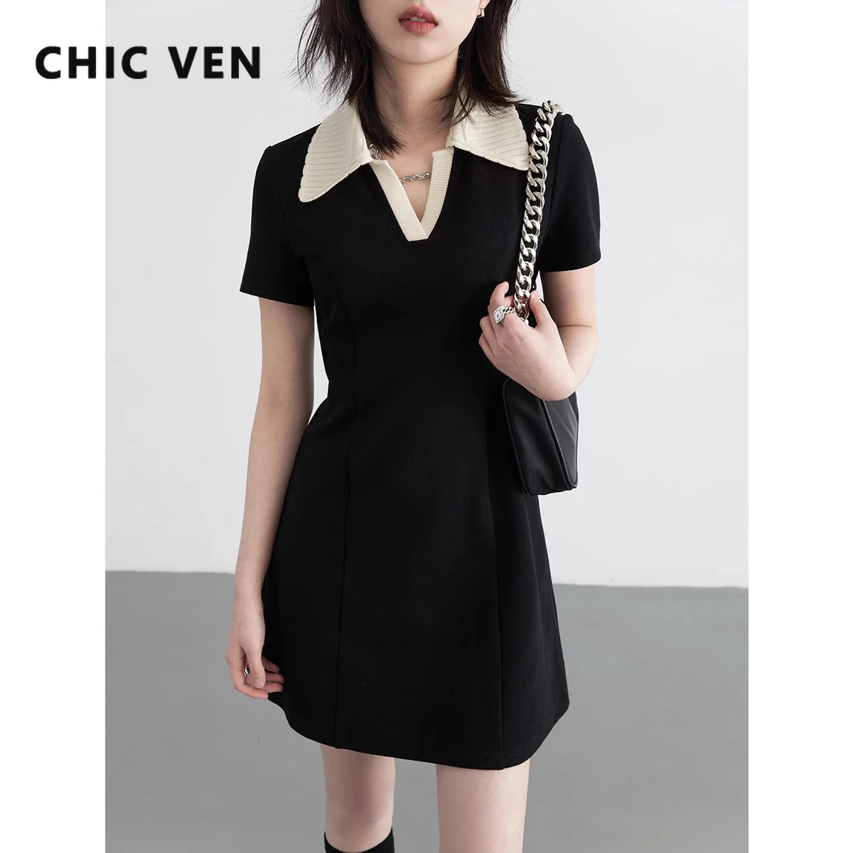 CHIC VEN Korean Women Dresses Black A Line Korean Polo Neck Short Sleeved Dress Slim Female Pullover Clothing Spring Autumn 2024