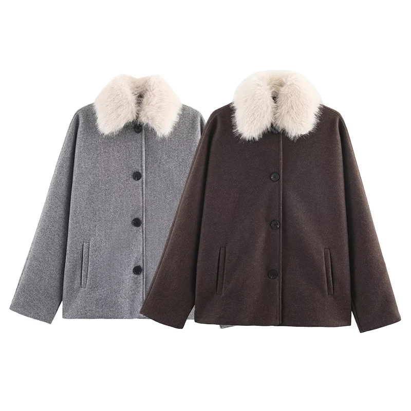 

Новое поступление зимы 2025 года, шерстяное пальто широкого кроя с меховым воротником двух цветов, плюшевые лацканы, простое и универсальное.