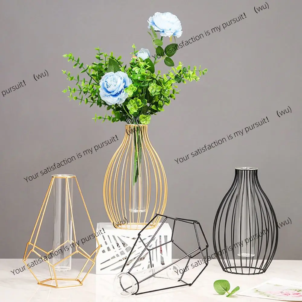 Nordic style hydroponic vase, geometric line frame, wrought iron glass test tube, metal bracket