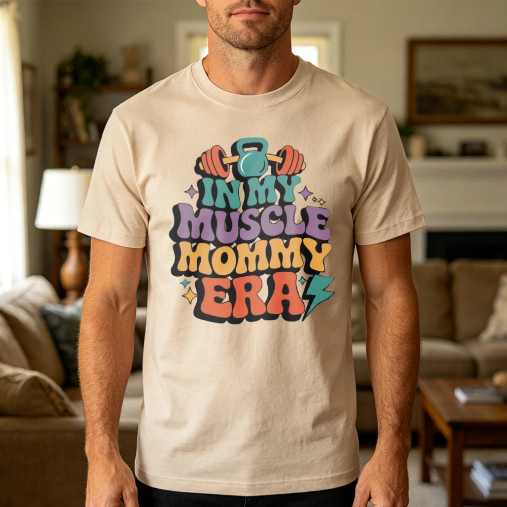 Groovy In My Muscle Mommy Era Graphic T Shirt Dumbbell Kettlebell Fitness Print Gift For Workout Lover Fitness Enthusiast