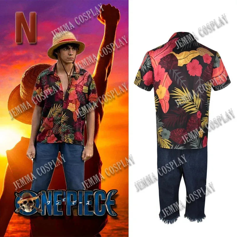 Serie de televisión japonesa Drama Luffy Cosplay camisa Floral disfraz de pirata disfraces de Halloween para hombres ropa de Anime actuación de fiesta