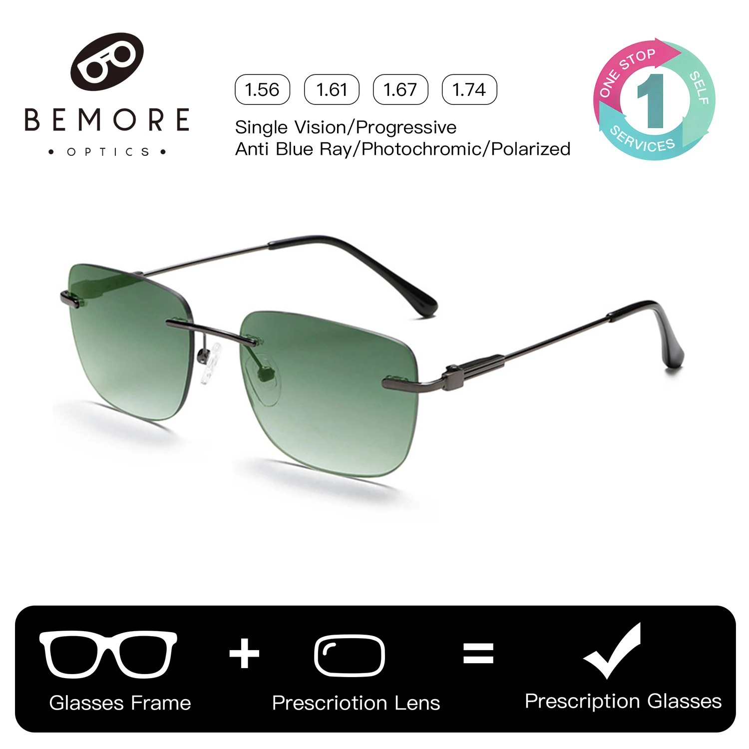 BEMORE Rimless Prescription Sunglasses Alloy Polarized UV400 Fishing Optical Lenses with Recipe for Men