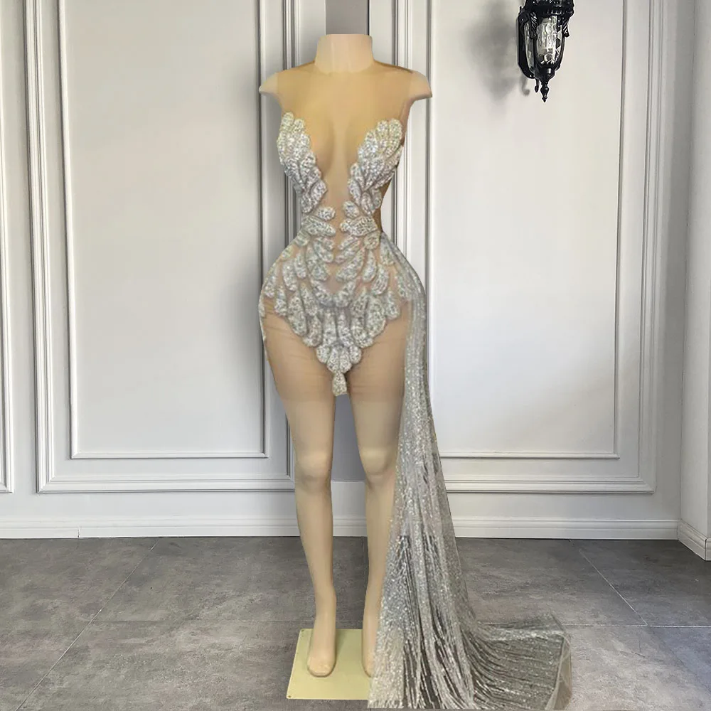 

Sparkly Luxury Prom Dresses 2025 See Through Silver Glitter Beaded African Black Girl Short Prom Birthday Prom Party Gowns