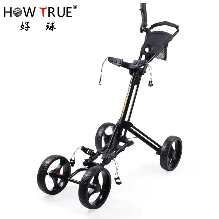 Small Folding Four Eva Foam Wheels Golf Push Pull Cart Aluminum Black Golf Trolley For Driving Range
