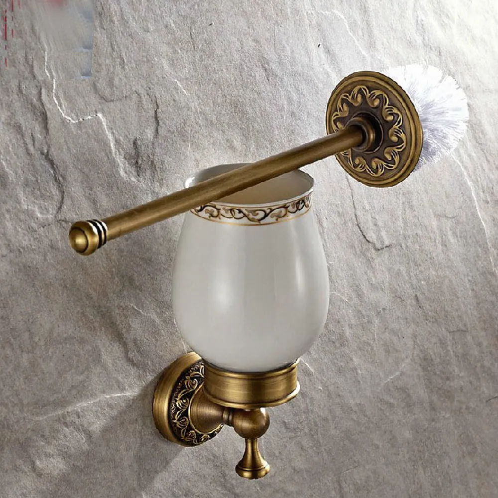 

Vintage Retro Antique Brass Wall Mounted Toilet Brush & Holder Set White Brush Ceramic Cup Bathroom Accessory aba490