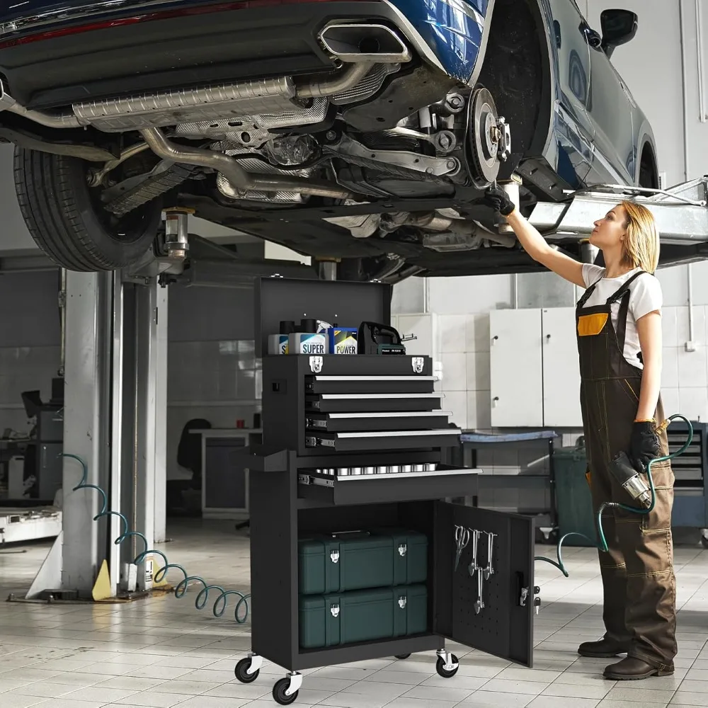 5-Drawers Black Rolling Tool Chest - 2-in-1 Mechanic Rolling Tool Box with Removable Lockable Storage-Heavy Duty Metal Tool Cart