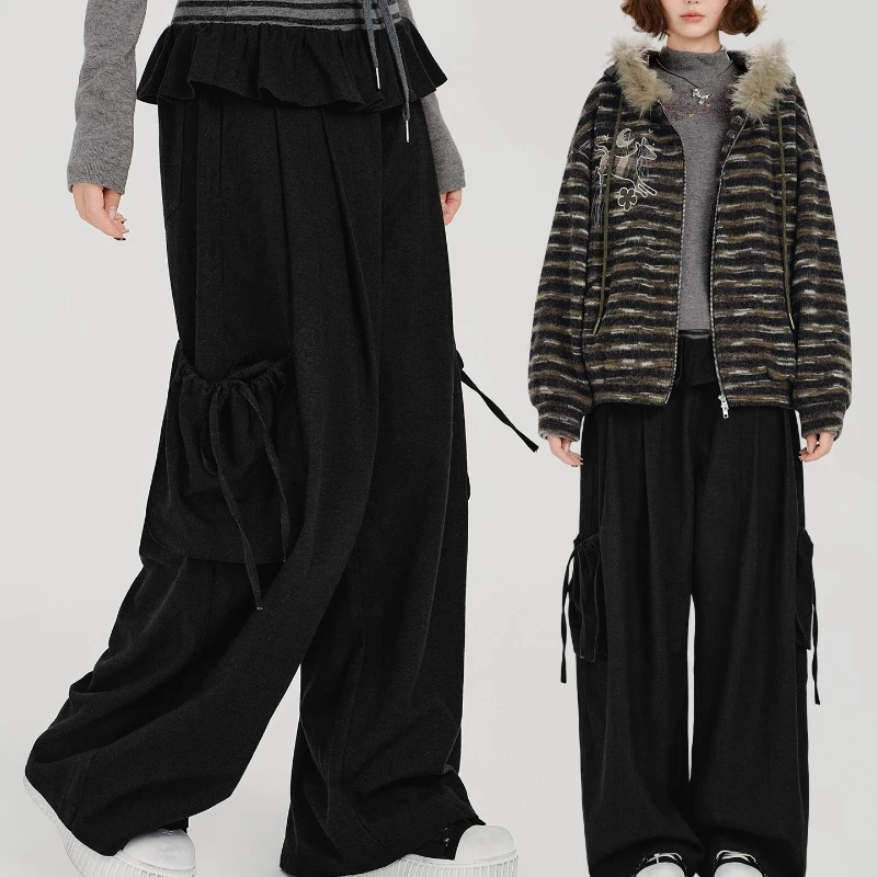 American Retro Striped Splicing Straight-Leg Women's Casual Pants 2025 Autumn Winter New Loose Wide-Leg Long Trousers Ladies