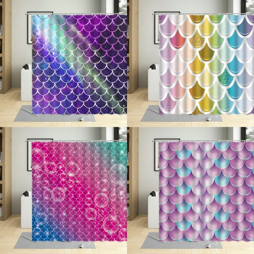 Waterproof Bathroom Shower Curtain Set, Mermaid Scales, Geometric Rhombus, Polyester Fabric Bathtub, Girls Decor Cloth