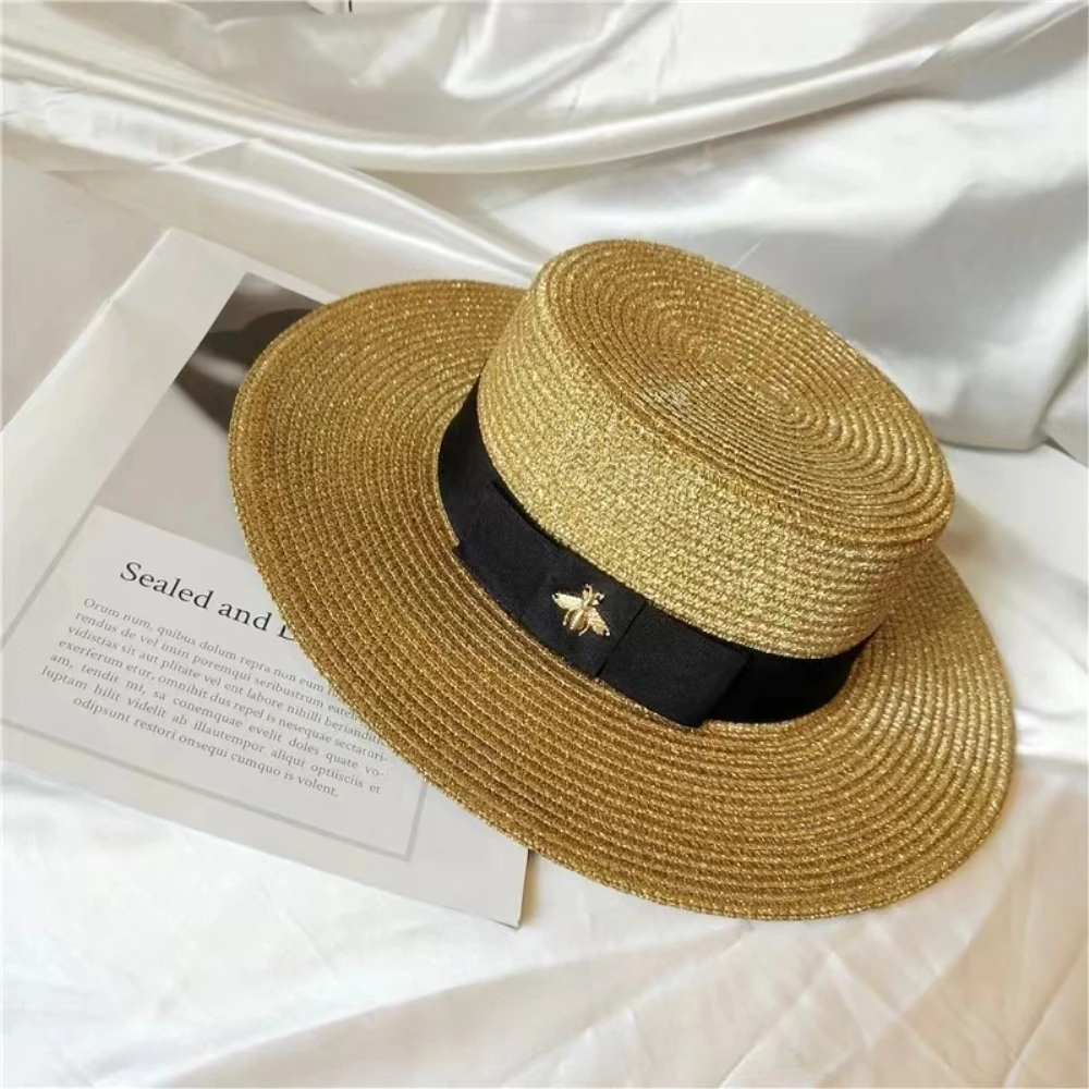 202406-zi21 ins chic summer Gold wire weaving paper bee fake photo fedoras cap men women leisure panama jazz hat