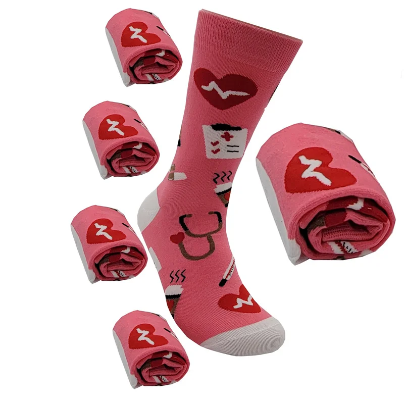 Calcetines de algodón con estampado de dibujos animados para mujer, estetoscopio, corazón, café, medicina, médico, enfermera, Unisex