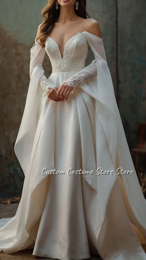Victorian Customized Strapless Fairy Sleeve Wedding Dresses V Neck Waist Irregular and Under Ground Hem White Elegant Trailing