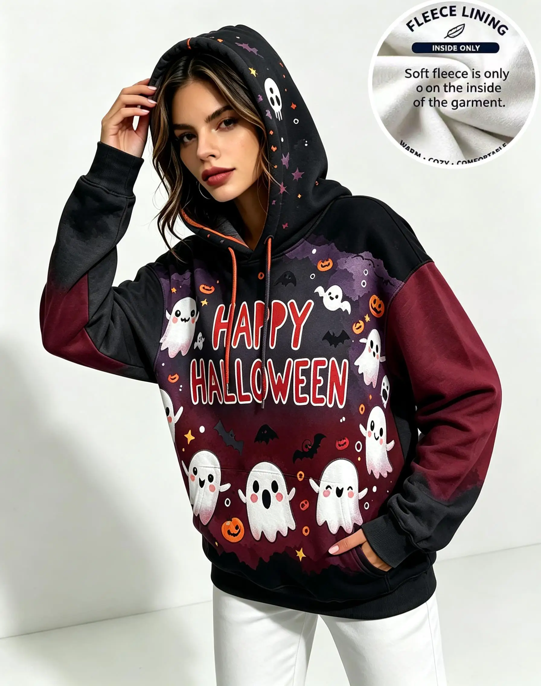 Women Happy Halloween Cute Ghost Letter Bat Pumpkin Star Print Fleece Hoodie Multi Color Block Pocket Sweatshirt
