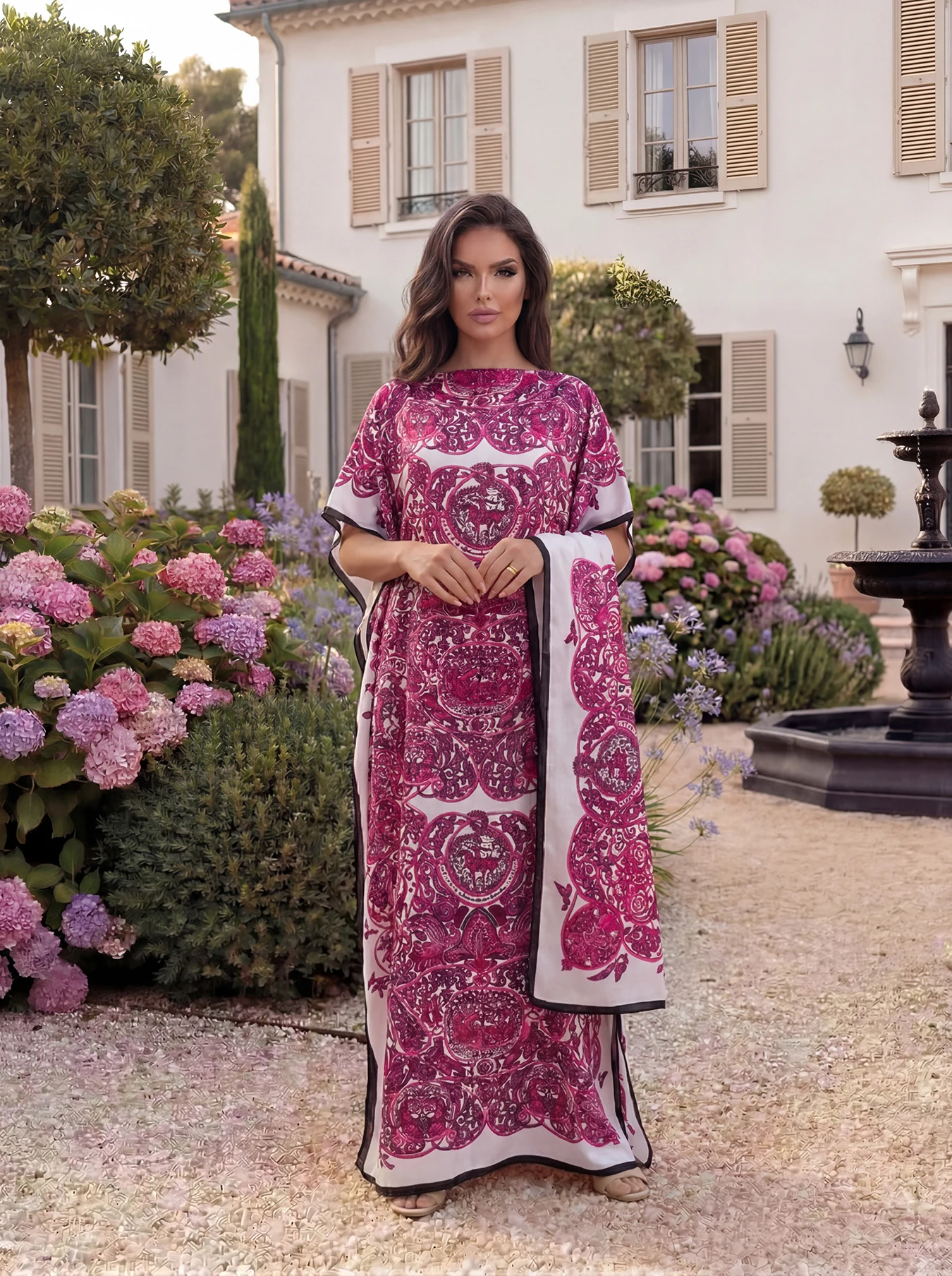 Vintage Baroque Animal Print Abaya With Scarf, Loose Maxi Kaftan For African Muslim Women Summer Beach Holiday Wear view 4
