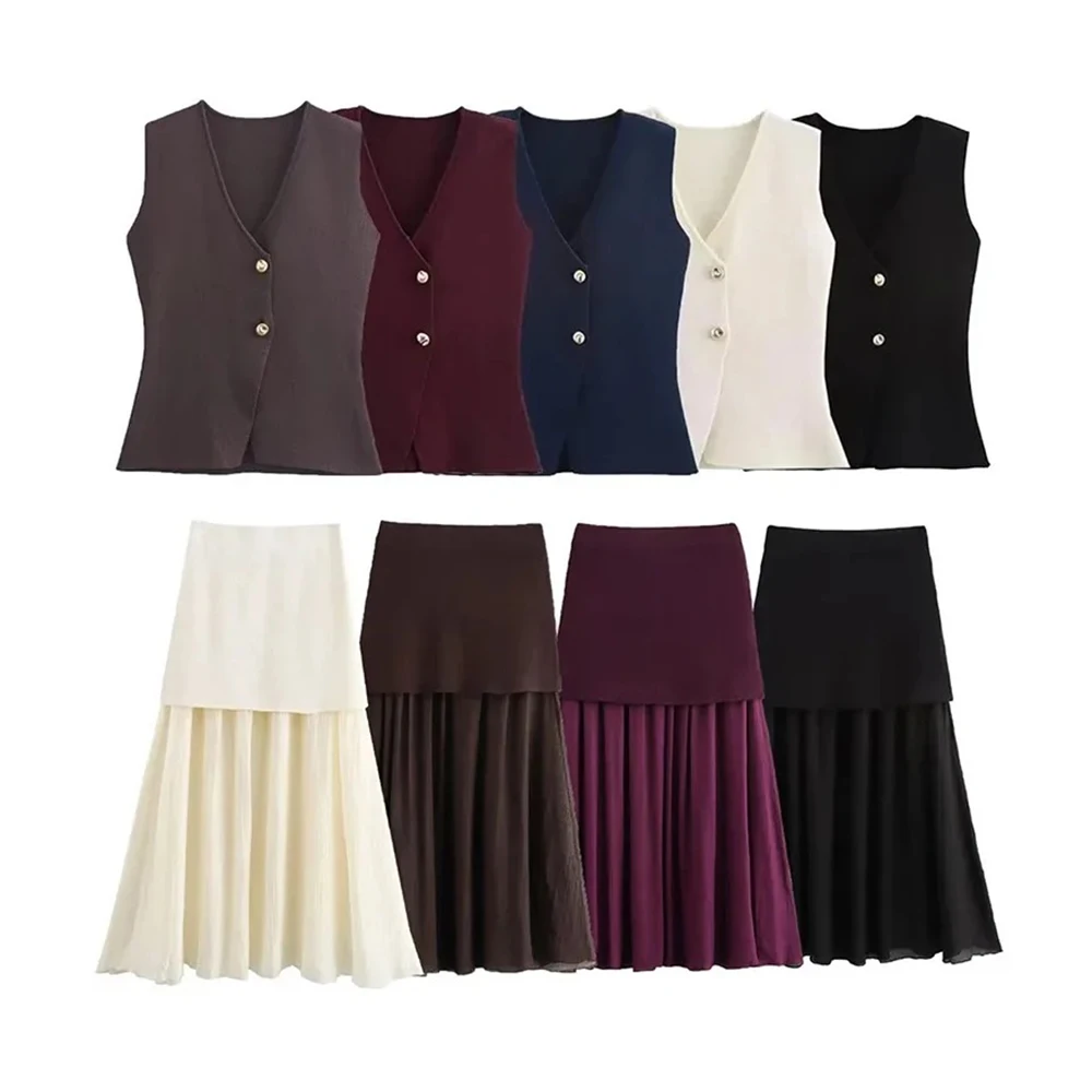 بدلة نسائية أنيقة جديدة أنيقة برقبة على شكل حرف V وزر ذهبي محبوك صدرية نسائية متماسكة صدرية نسائية تنورة طويلة مزخرفة مجعدة تنورة طويلة مزخرفة على طراز الشارع أنيقة نسائية أنيقة INS مدون مدون نفس الموديلات