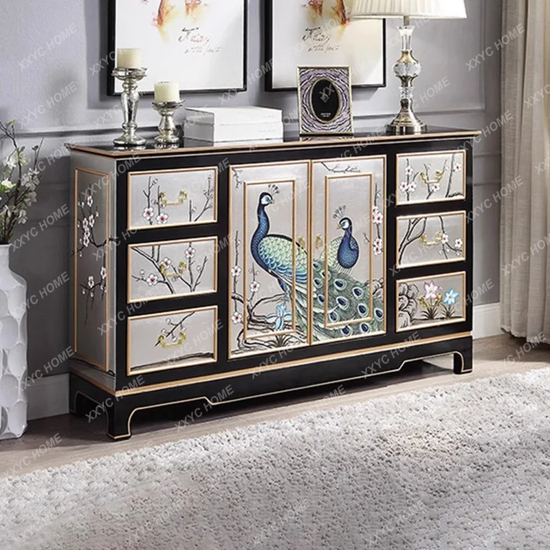 Painted Peacock Art Decorative Partition Cabinet Storage Side Cabinet