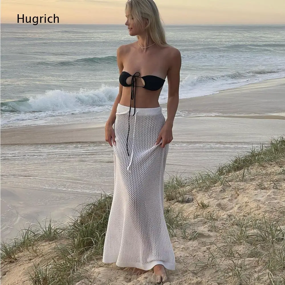 White Hollow Crochet Sheer Knit Drawstring Waist Maxi Skirt Women See Through Mesh Beach Swimsuit Cover Up Long Skirt