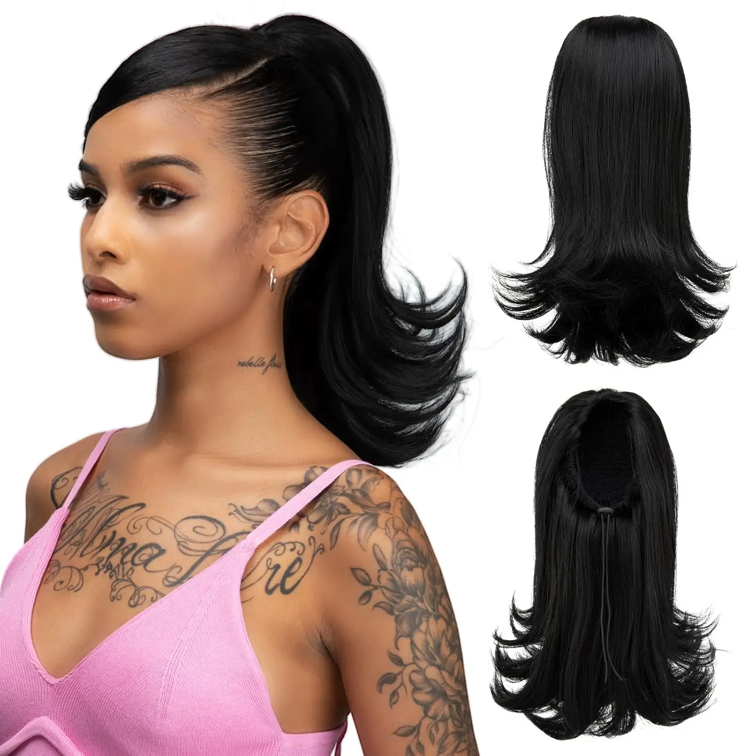 

Short Black Drawstring Ponytail Hair Extension for Black Women 14 Inch Straight Ponytail with End Curls Synthetic Fake Hairpiece