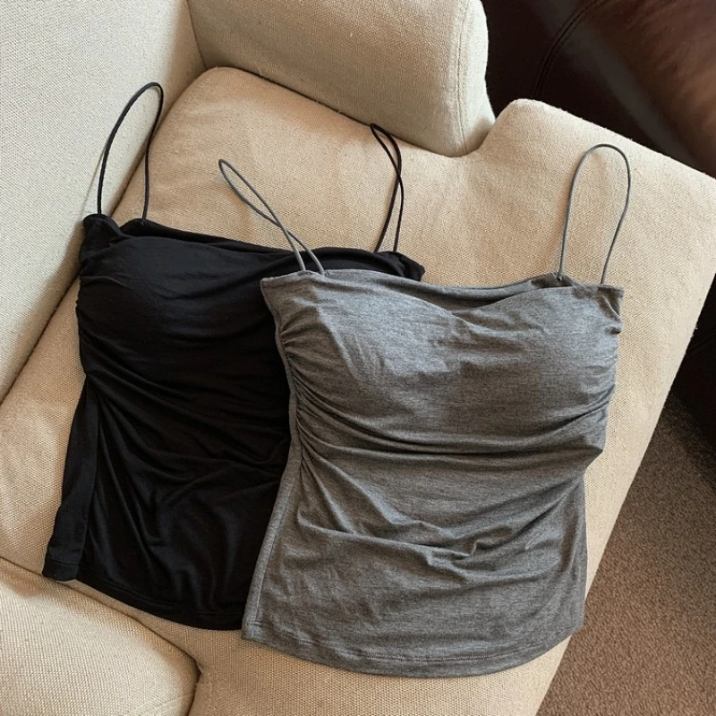 1 Pc Stylish Waist Pleated Corset - Soft Support Fixed Chest Pad Sleeveless Vest Sexy Short Top with Thin Straps Solid Color