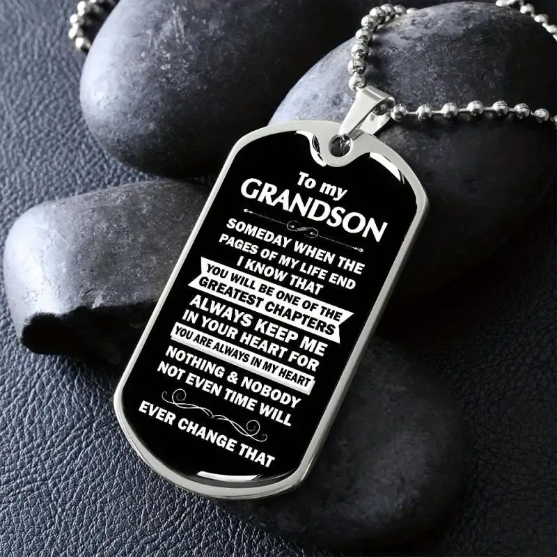 Stainless Steel To My Grandson Square Pendant Necklace, Sweet Gift