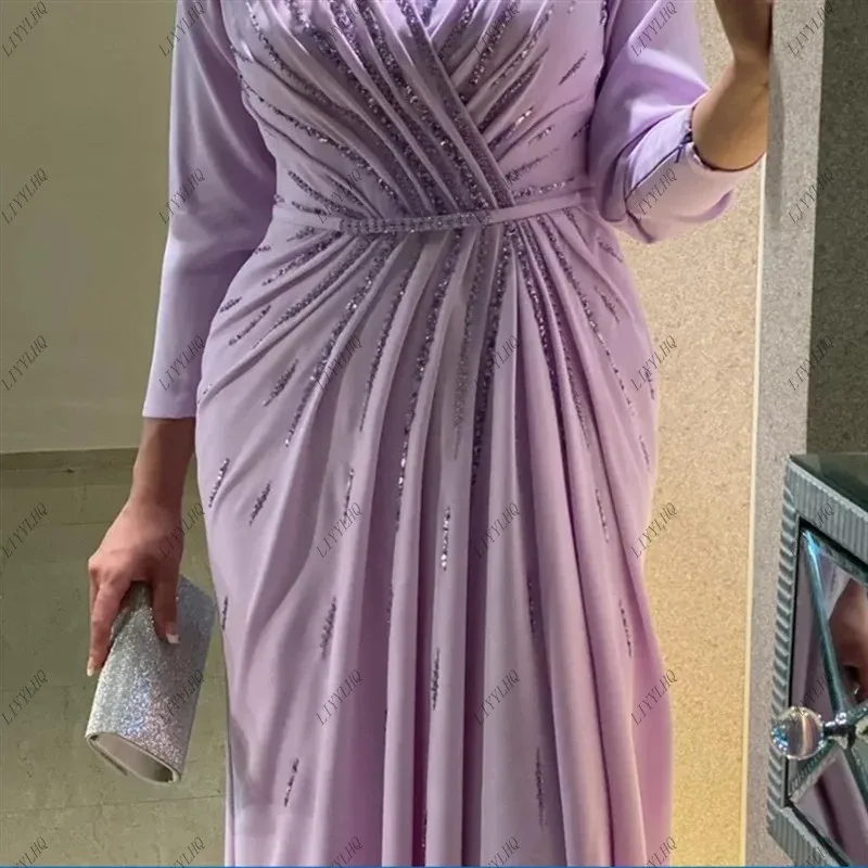 LIYYLHQ Lilac Prom Dress For Elegant Women Saudi Arabia V- Neck Beaded Full Sleeves Evening Dresses Side Slit Formal Party Dress