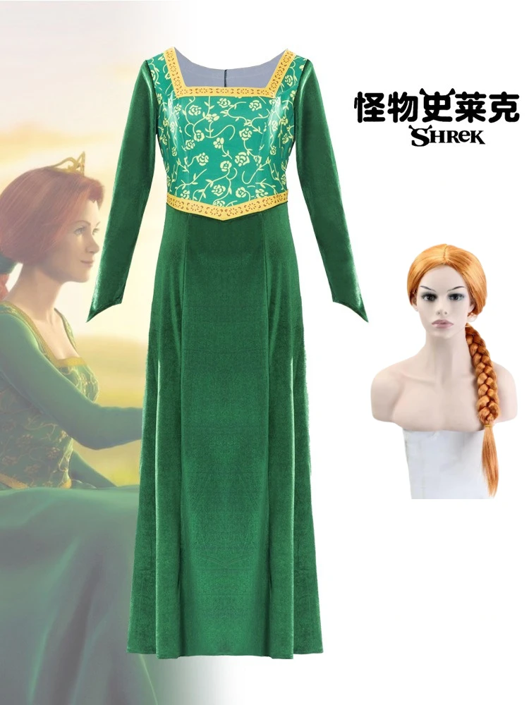 

Princess Fiona Cosplay Costume Shrek Green Princess Dress Gown and Wig Set Christmas Halloween Costume Party for Women