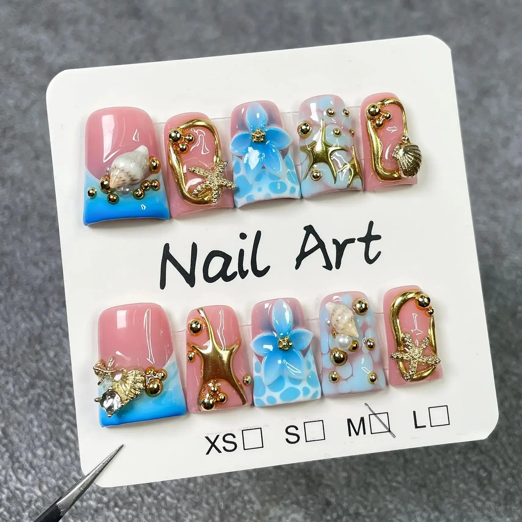 

10pcs Duck Bill Shape Press on Nails Ocean Style Nail Art 3D Carving Shell Relief Fake Nails French Handmade Flower False Nails