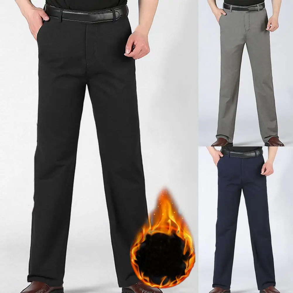 Fashion Men's Winter Warm Fleece Lined Pants Solid Color Casual Stretch Straight Pants Middle Waist Business Trousers