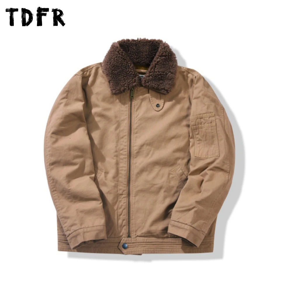 

Куртка-карго с меховым воротником в стиле ретро, мужская зимняя флисовая куртка с карманами, повседневная толстая верхняя одежда с длинными рукавами и лацканами